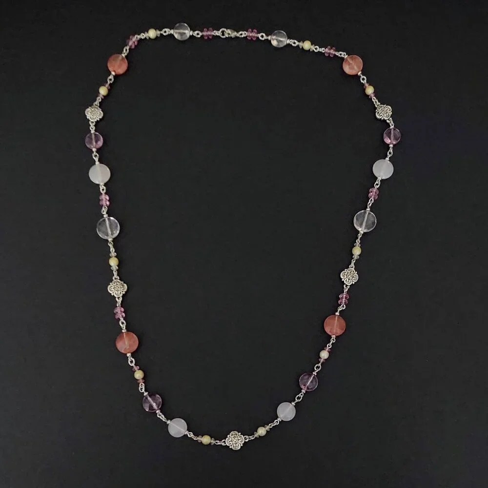 Shades of pink, purple with silver and faux pearl beaded necklace